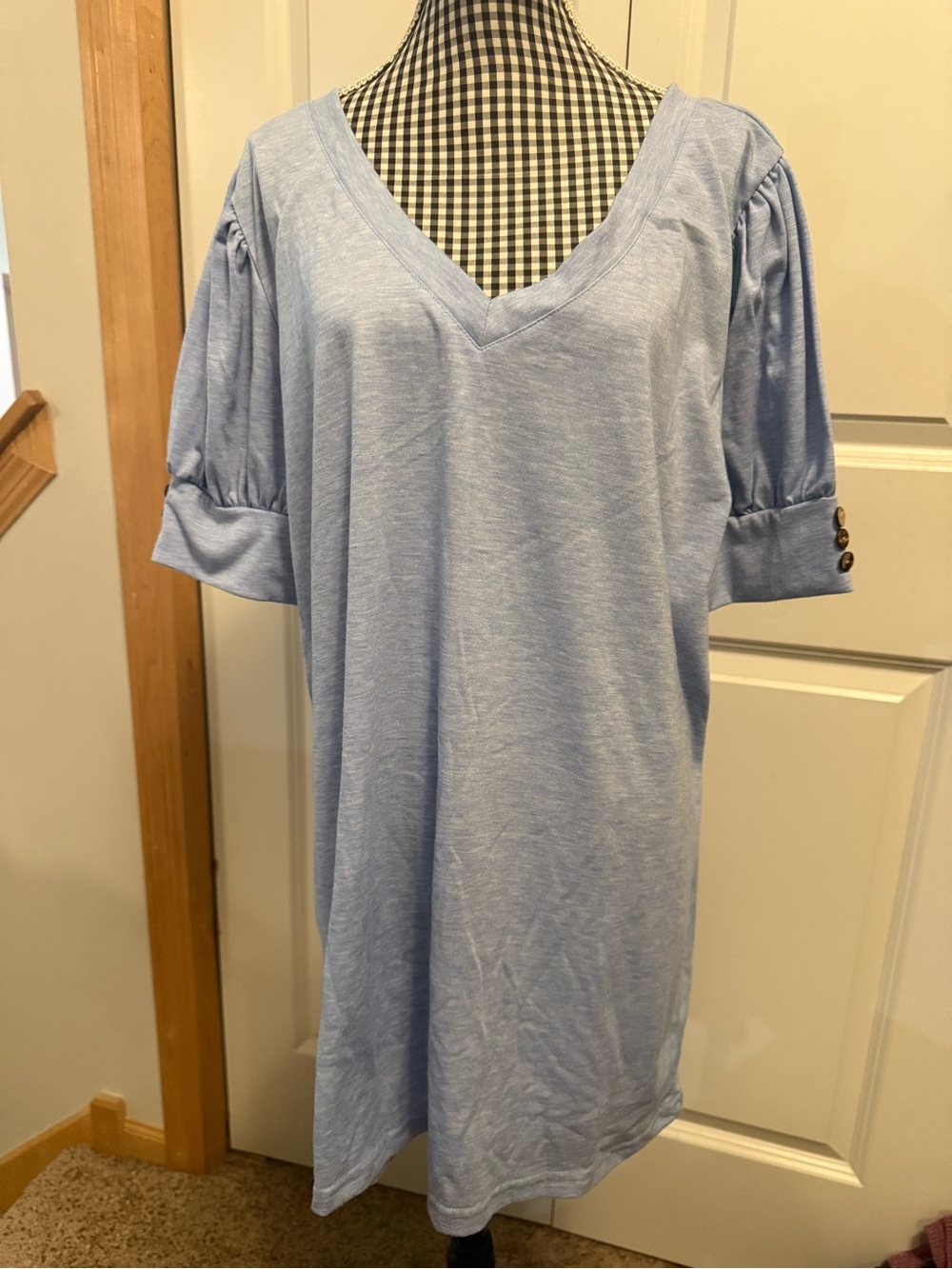 Light Blue V-Neck Puff Sleeve Women's Top
